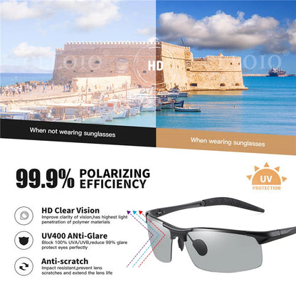 CLLOIO Aluminum Photochromic Sunglasses – Polarized Day & Night Chameleon Glasses for Men, Anti-Glare, UV Protection, Color Changing Sun Glasses