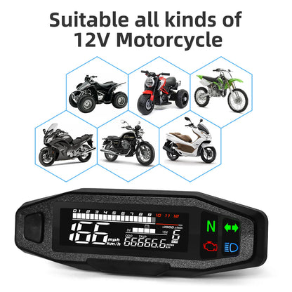 AD Universal Motorcycle Digital Speedometer – LED Tachometer Dashboard Instrument Panel with LCD Display & Y Bracket