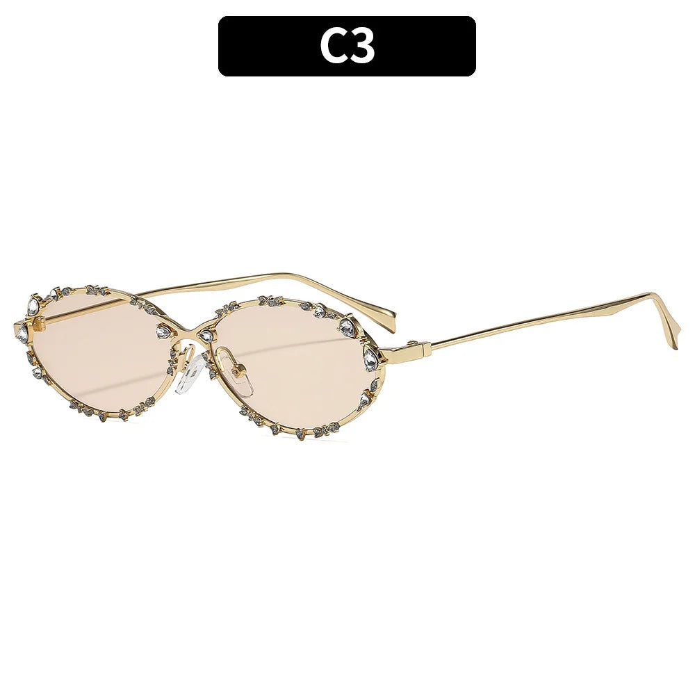 Luxury Diamond Oval Sunglasses - Rhinestone Metal Frame Fashion Eyewear for Men and Women Driving Style