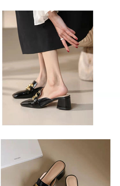 Fashion Women’s Half Slippers — Outdoor Med-Heeled Slides with Toe Chain Decoration, Luxury Square Heel Sandals 2023