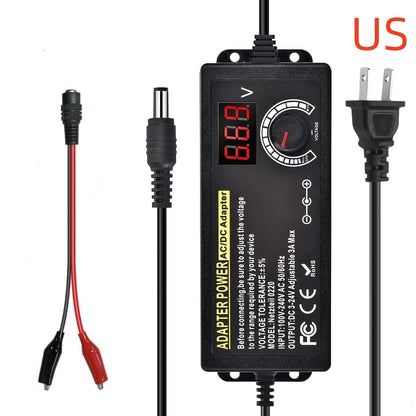Adjustable AC to DC Power Supply - 3V–24V 3A Universal Laboratory Adapter with EU/US Plug and Alligator Clip