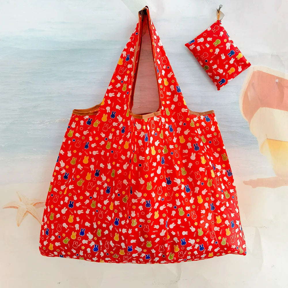 Miffy Rabbit Folding Shopping Bag - Extra-Large Waterproof Nylon Tote for Groceries, Travel, and Everyday Storage