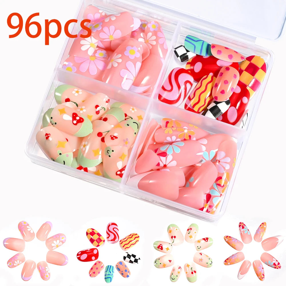 576PCS Colorful Press-On Fake Nails Set – Black & Red Oval/Square Short Full Cover Nail Tips for Salon-Style Nail Art