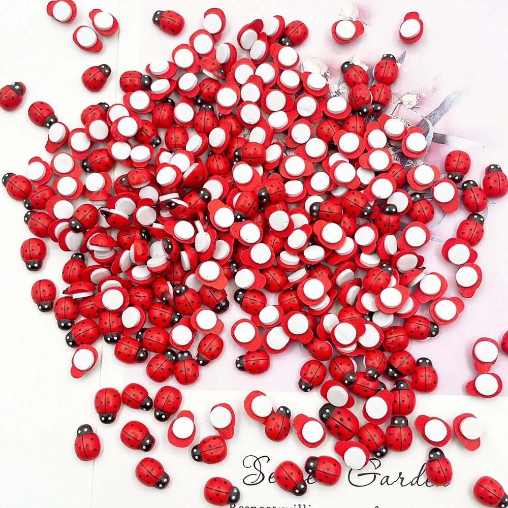 100Pcs Wooden Mini Ladybug Stickers – 8x11mm Self-Adhesive Red DIY Craft Decorations for Scrapbooking, Home, Garden & Party Decor