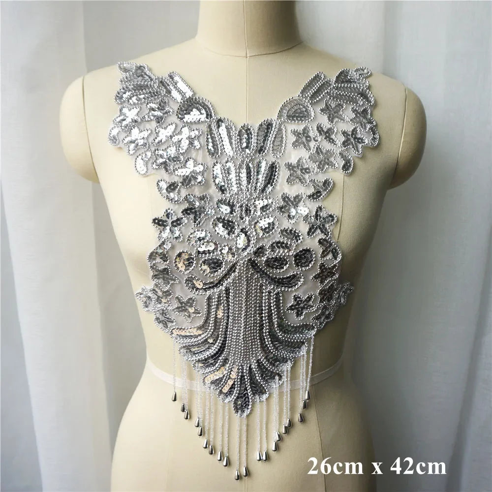 Silver Baroque Sequin Flower Applique – Embroidered Iron-On Patch for Wedding & DIY Crafts