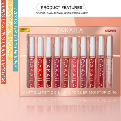 CAKAILA 10-Piece Nude Matte Lip Gloss Set – Waterproof Velvet Liquid Lipstick & Moisturizing Lip Tint for Women