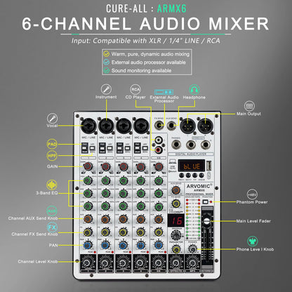 ARVOMIC 6 Channel DJ Audio Mixer – USB Interface, Bluetooth, 16 DSP Effects, 3-Band EQ (ARMX-6)