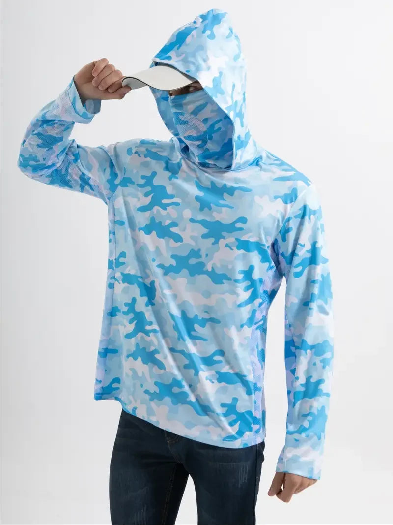 Men’s Hooded Fishing Shirt – UV Protection Summer Outdoor Fishing Jersey with Mask Breathable Performance Sun Protection Hoodie