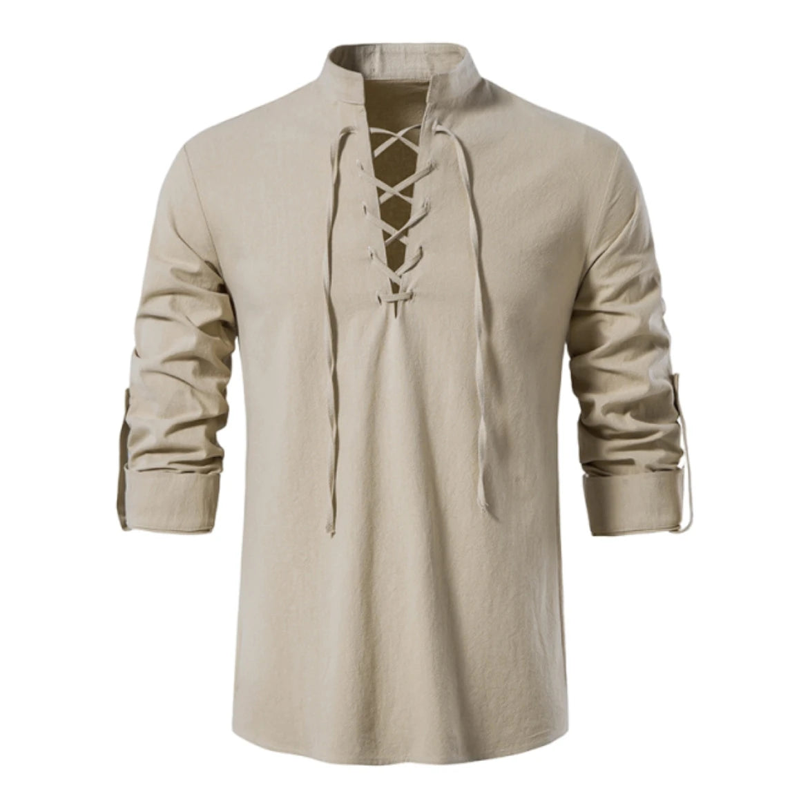 Men's Retro Linen Lace-Up Shirt - Long Sleeve Stand Collar Medieval Pirate Viking Renaissance Casual Top