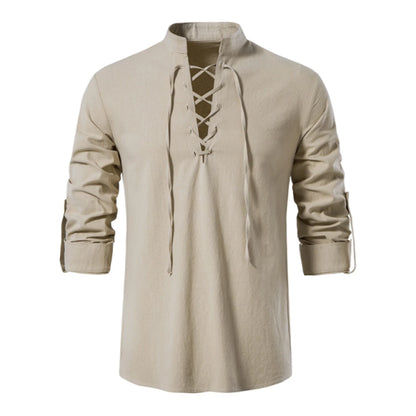 Men's Retro Linen Lace-Up Shirt - Long Sleeve Stand Collar Medieval Pirate Viking Renaissance Casual Top