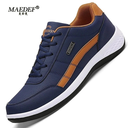 MAEDEF Men's Leather Sneakers – Waterproof Casual Lace-Up Footwear, Comfortable Vulcanized Shoes for Men
