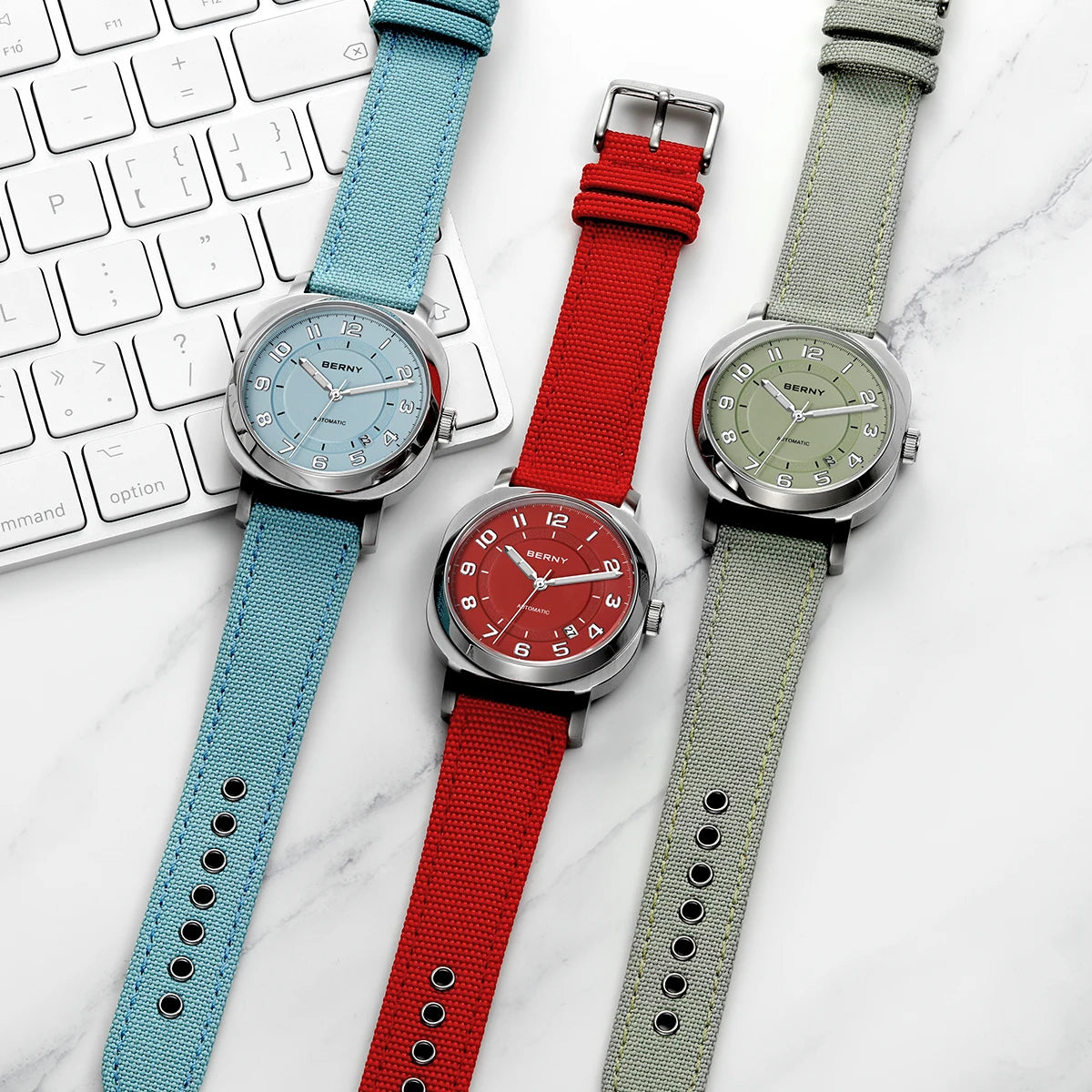 BERNY Women’s Mechanical Watch — Self-Wind Pillow Cushion Design with Sapphire Crystal, Super Luminous Display, Canvas Strap, and Calendar Function