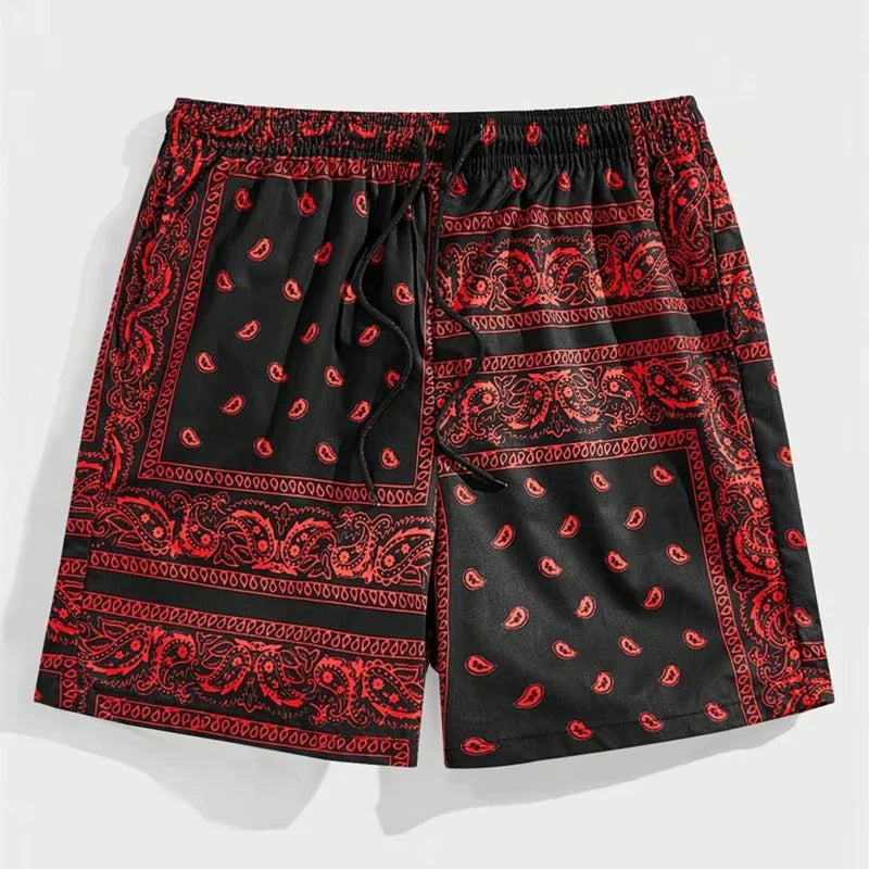 Trendy Bandana Graphic Beach Shorts - Men’s Summer 3D Printed Swim Trunks