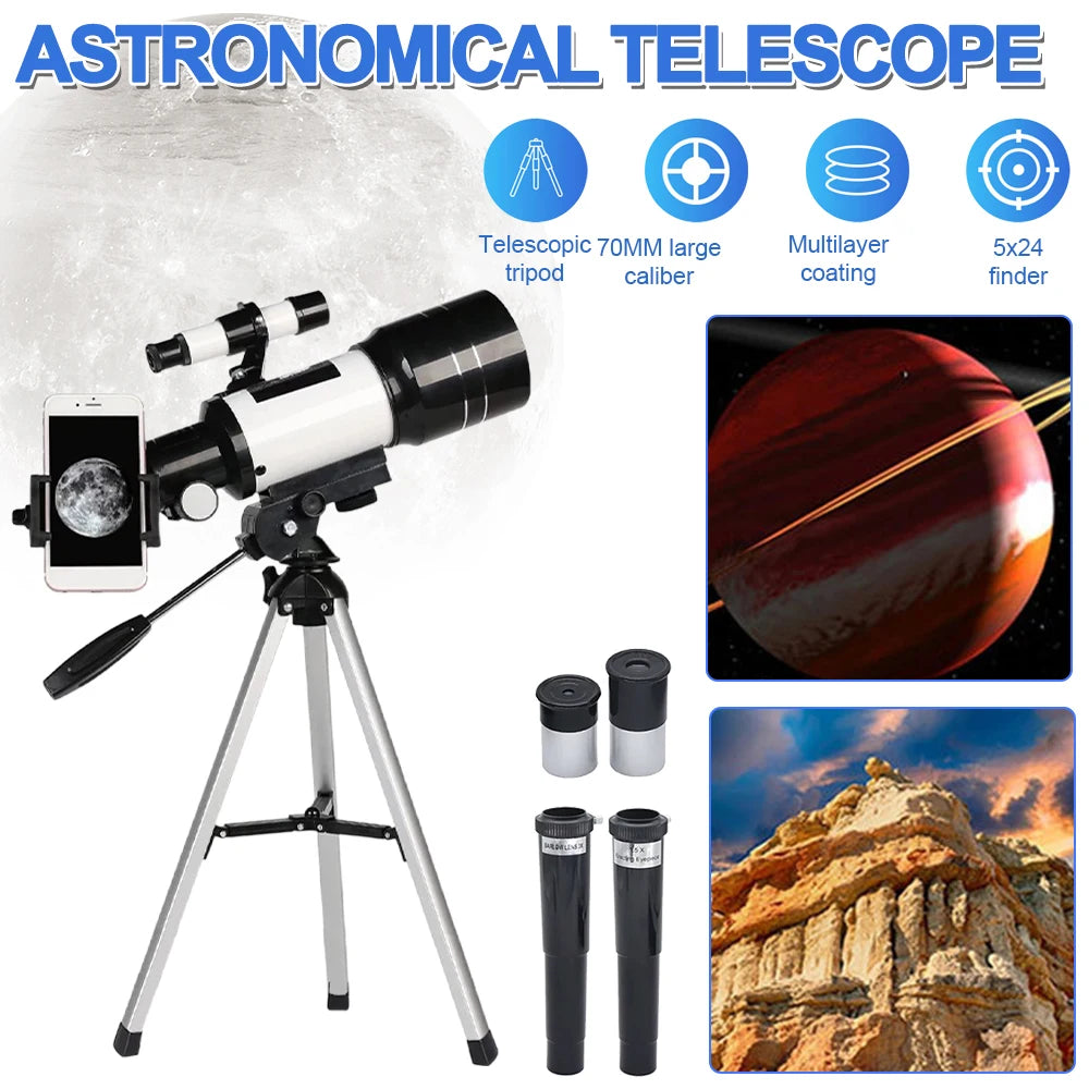150X Astronomical Telescope – 70mm Refractor Portable Travel Scope with Phone Adapter & Wireless Remote