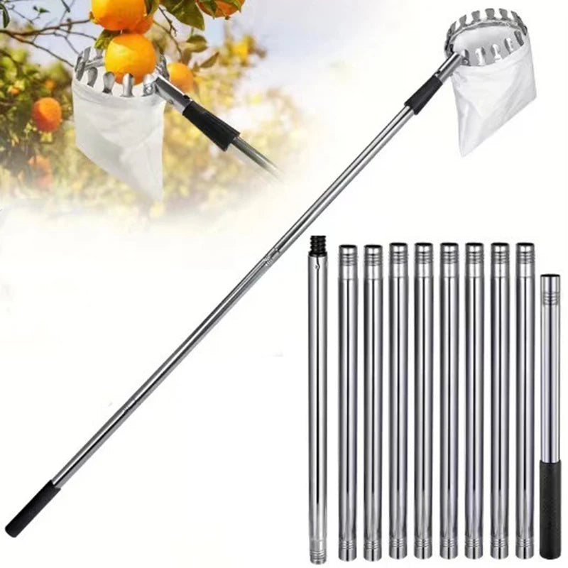 Stainless Steel Telescopic Fruit Picker | 1.6–4M Splicing Pole Tool for High Tree Harvesting | Orchard & Farm Garden Supplies