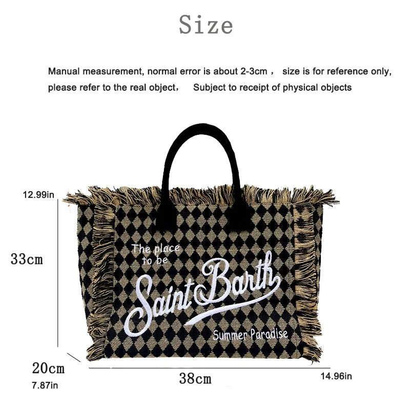 Saint Barth Large Capacity Women's Beach Handbag – European & American Style, Deep Blue Striped Tassel Tote