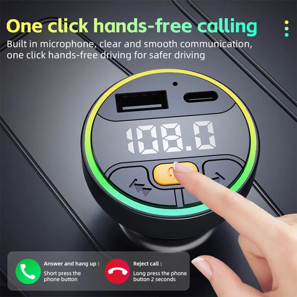 Bluetooth 5.3 Car FM Transmitter – Handsfree Wireless Audio Adapter with USB-C Fast Charging, MP3 Player & Auto Radio Modulator Car Kit for All Vehicles