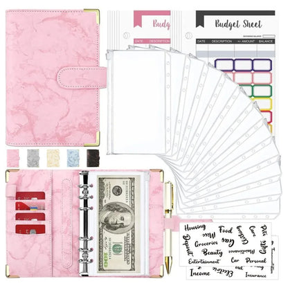 A6 Money Saving Organizer – PU Leather Budget Binder with Marble Notebook, 2023 Budget Planner, Envelope Office & School Supplies