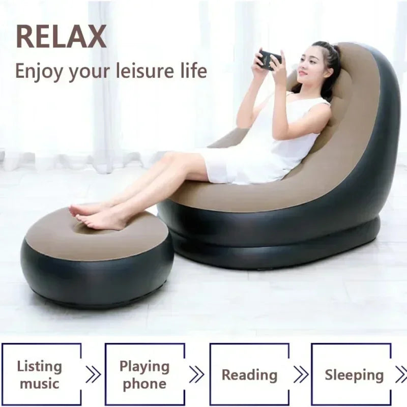 Inflatable Leisure Bean Bag Sofa – Foldable Lazy Recliner for Outdoor, Tatami & Bedroom Use, Fluffy Seat & Footstool