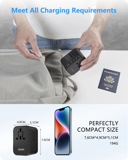 LENCENT 65W/100W GaN Fast Charging International Travel Adapter - 2 USB and 3 Type-C Ports, Includes EU, AU, US, UK Plugs