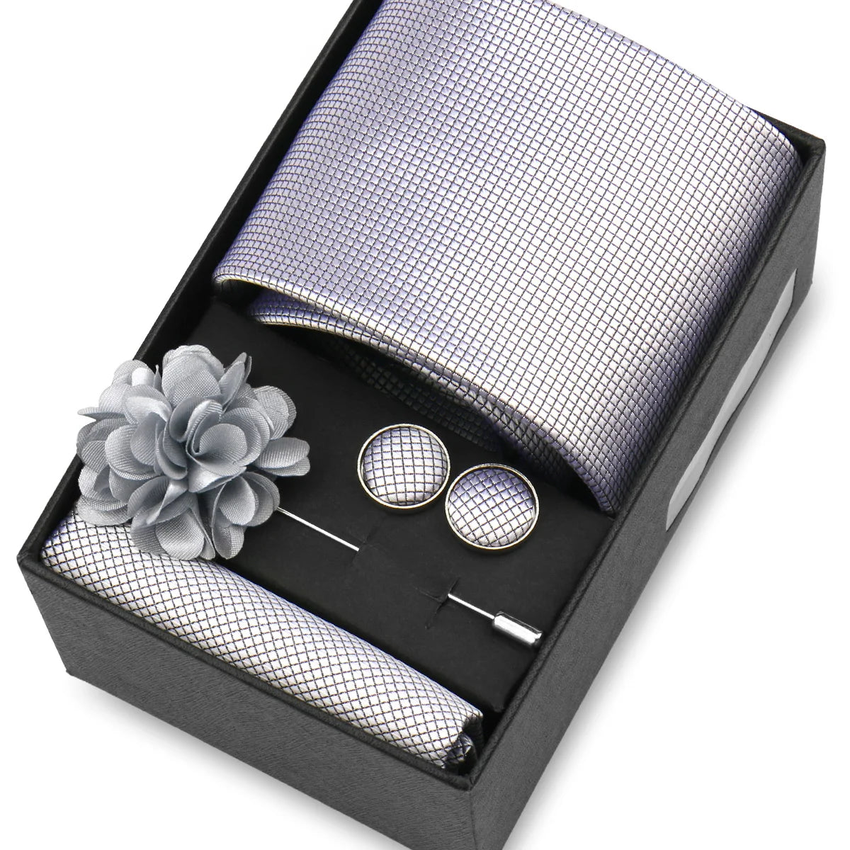 Elegant Men’s Necktie Gift Set - Fashion Tie with Handkerchief, Cufflinks & Brooch Pin Accessories for Business & Wedding
