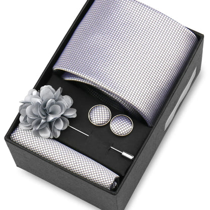 Elegant Men’s Necktie Gift Set - Fashion Tie with Handkerchief, Cufflinks & Brooch Pin Accessories for Business & Wedding