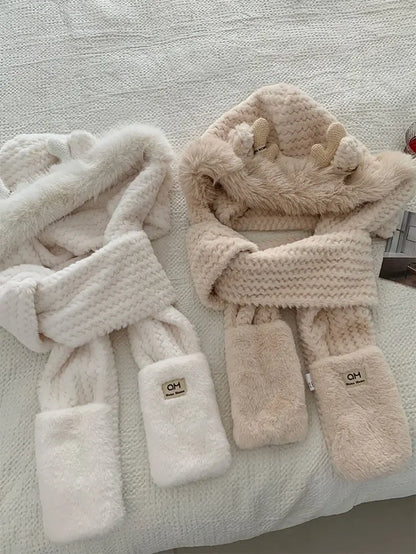Elk Antler Plush Winter Hat - Warm Ear Protector Scarf & Gloves Set for Women