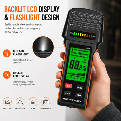 Pinless Moisture Meter - Non-Destructive Damp Detector for Walls, Masonry & Wood with 4 Modes and Backlit LCD