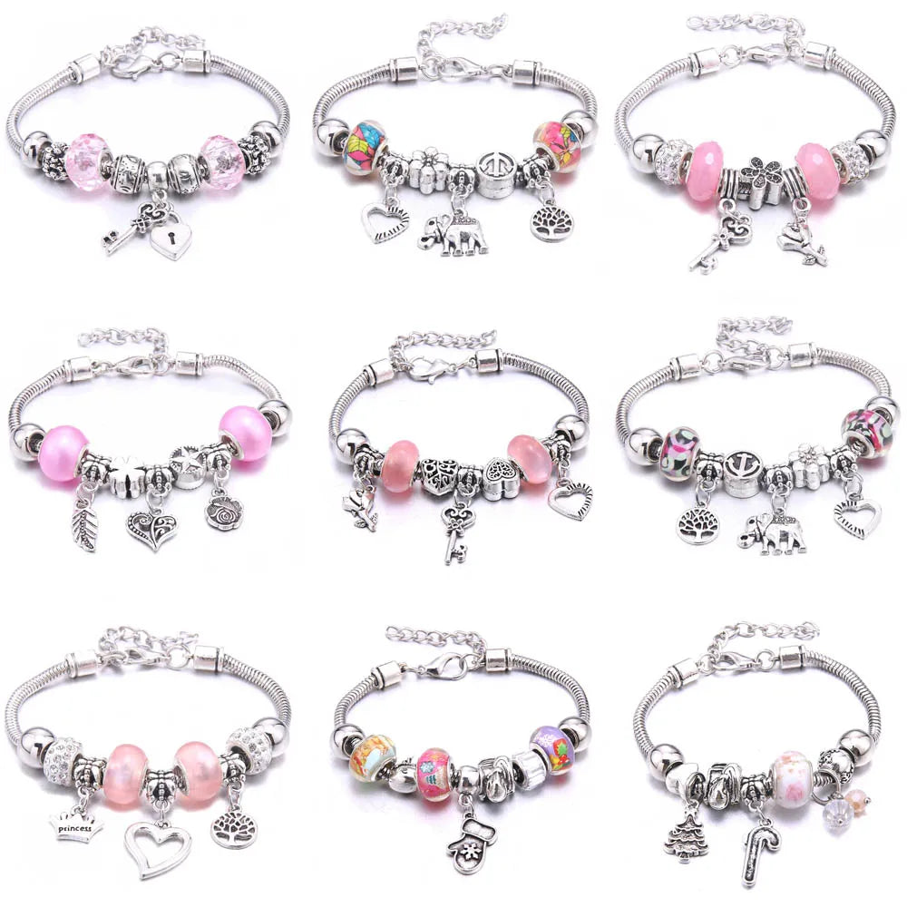 Pink Charm Bangle - Butterfly Snake Chain Bracelet with Beads and Lobster Clasp for Women