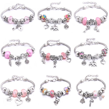 Pink Charm Bangle - Butterfly Snake Chain Bracelet with Beads and Lobster Clasp for Women