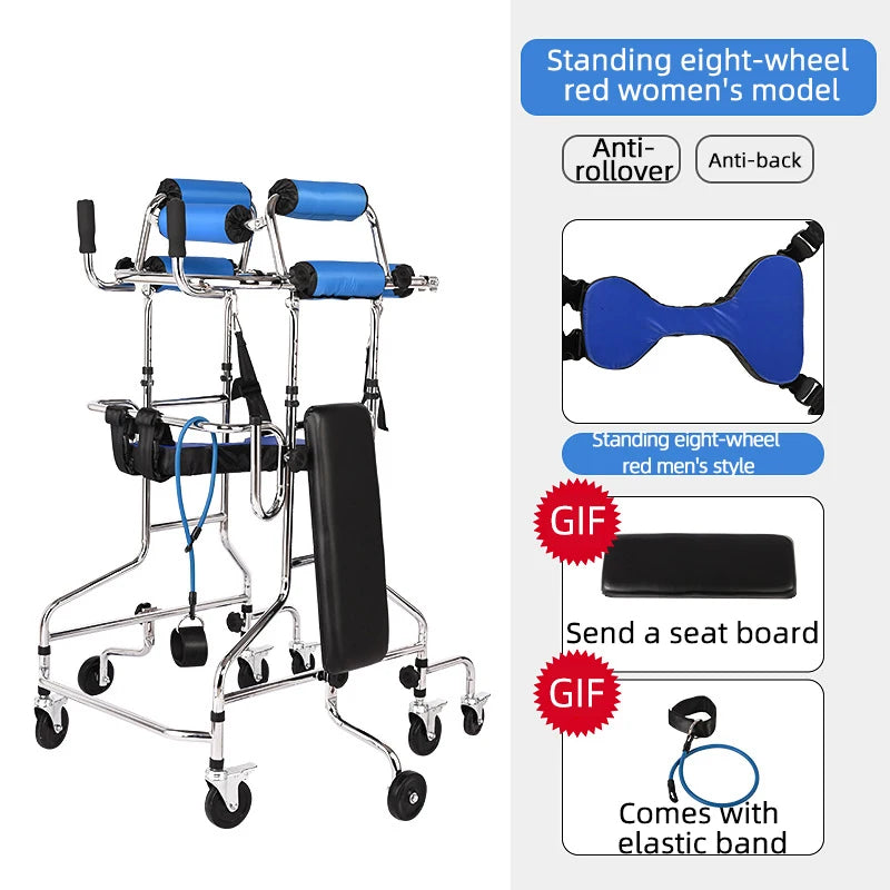 Upright Rollator Walker – 8-Wheel Anti-Tilt Stand-Up Walker with Seat, Hemiplegia Mobility Support Frame