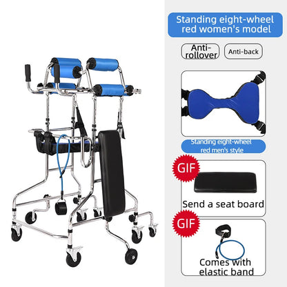 Upright Rollator Walker – 8-Wheel Anti-Tilt Stand-Up Walker with Seat, Hemiplegia Mobility Support Frame