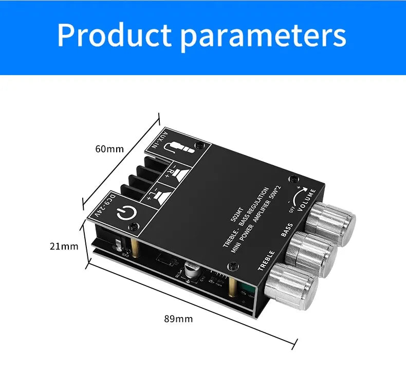 ZK-502MT Bluetooth 5.0 Stereo Subwoofer Amplifier Board | 2x50W High Power 2.0 Channel Bass AMP