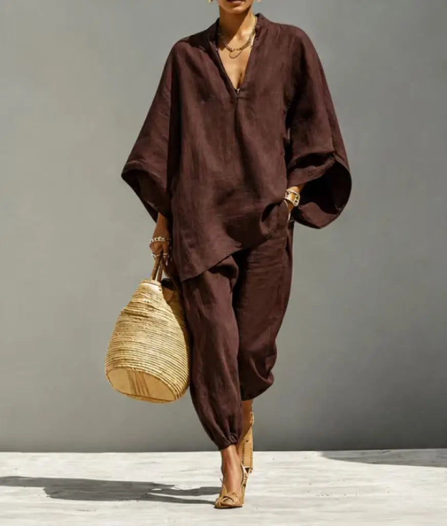 Women’s Linen Casual Set - Summer Loose Deep V-Neck Batwing Sleeve Nine-Piece Solid Color Outfit