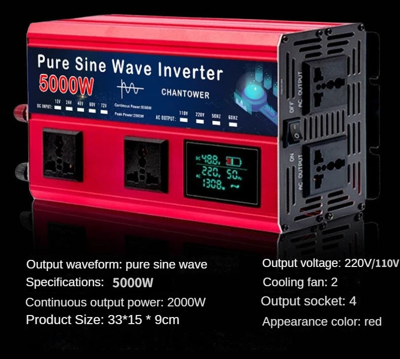 5500W Pure Sine Wave Inverter - DC 12v/24v/48v/60v/72v to AC 110v/220v Voltage Converter for Car & Solar Power