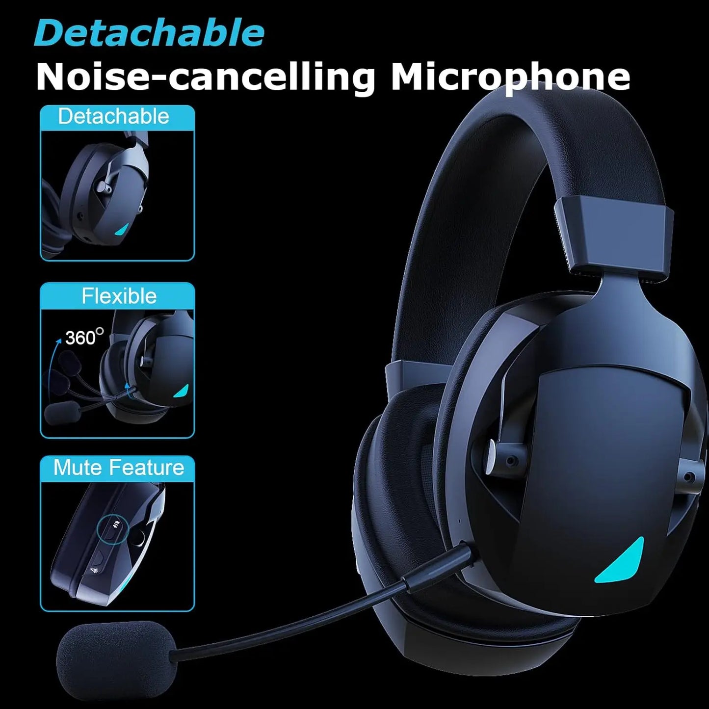 Gaming Headset with Detachable Noise-Cancelling Microphone — 2.4G Bluetooth, USB & 3.5mm Wired 3-Mode Multi-Device Headphones