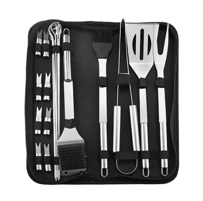 Stainless Steel BBQ Tool Set - Outdoor Barbecue Combo with Portable Storage Cloth Bag, Oven and Baking Tools