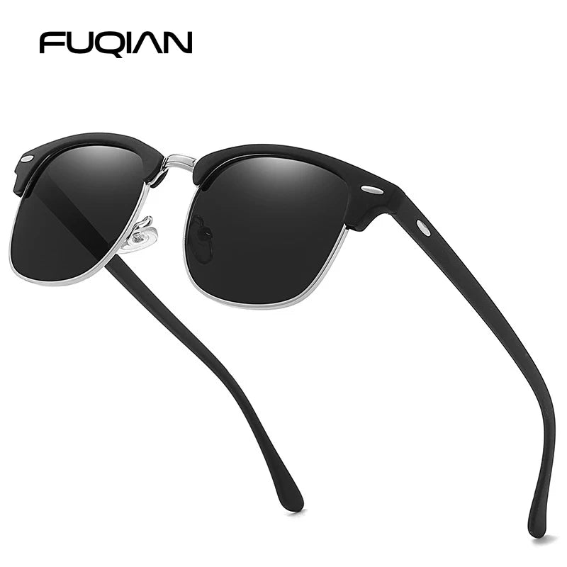 Classic Half Frame Polarized Sunglasses – Retro Rivet Design for Men & Women, Anti-Glare Black Travelling Shades