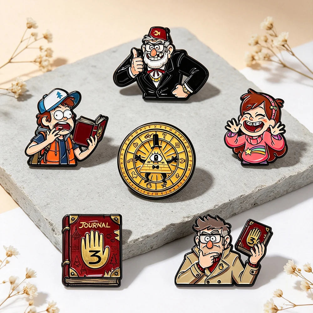 6-Piece Gravity Falls Enamel Pin Set - Cartoon Character and Bill Cipher Brooches for Backpacks, Clothing, Journals, and Collectors’ Gifts
