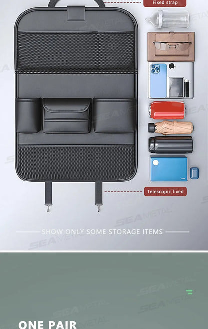 SEAMETAL 8 in 1 Car Seat Back Storage Bag – Foldable Tray, Waterproof & Wear-Resistant Organizer with Tissue & Cup Holder