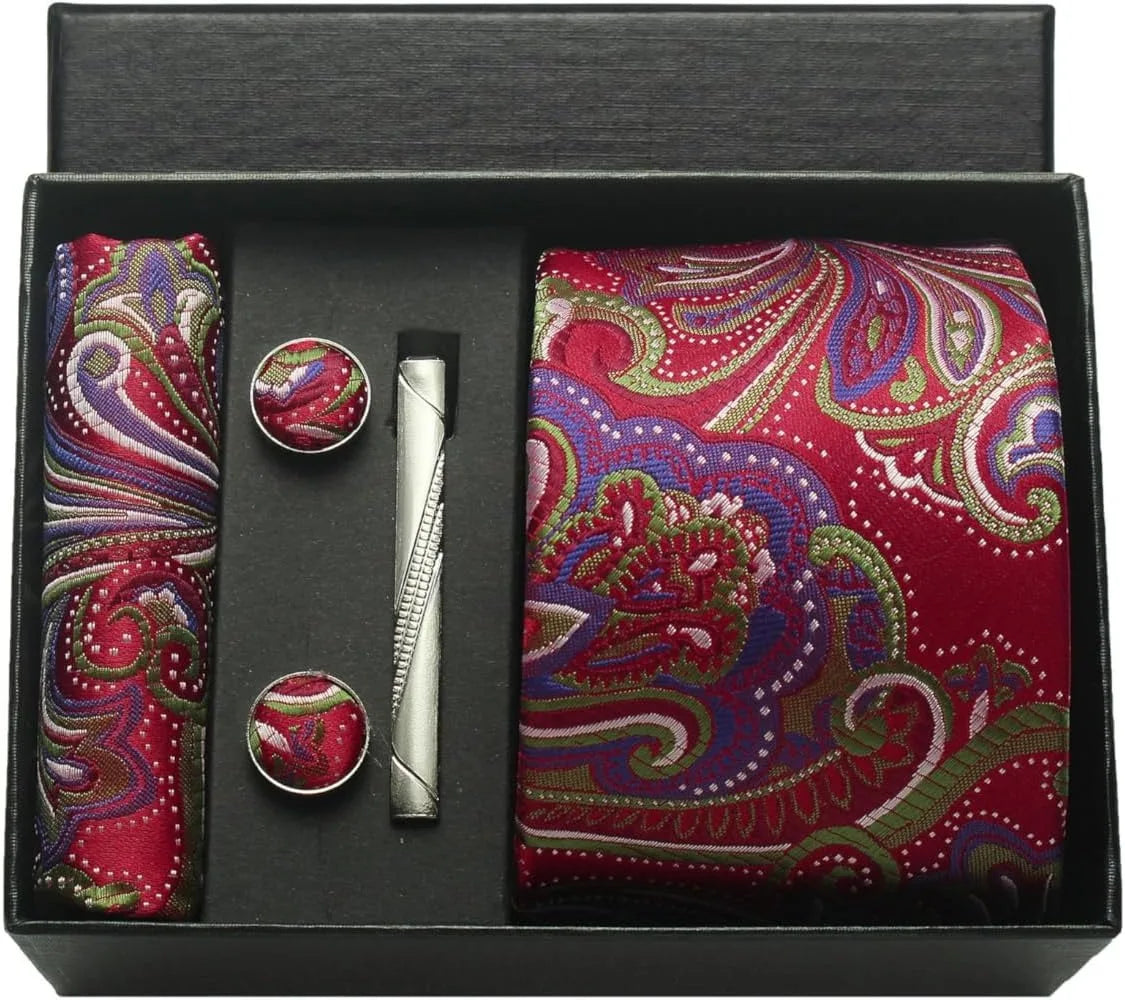 100% Silk Men’s Necktie Set with Paisley Floral Design, Business Tie with Pocket Square, Tie Clip & Cufflinks Gift Box Set for Men