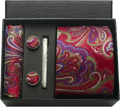 100% Silk Men’s Necktie Set with Paisley Floral Design, Business Tie with Pocket Square, Tie Clip & Cufflinks Gift Box Set for Men