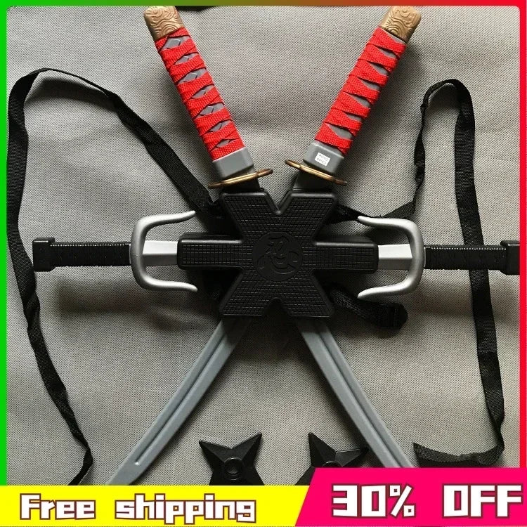 New 56cm Halloween Samurai Ninja Knife Set – 7-Piece Retro Plastic Daggers, Deadpool Cosplay Double Sword Props for Costumes and Toys