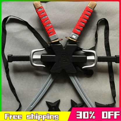 New 56cm Halloween Samurai Ninja Knife Set – 7-Piece Retro Plastic Daggers, Deadpool Cosplay Double Sword Props for Costumes and Toys