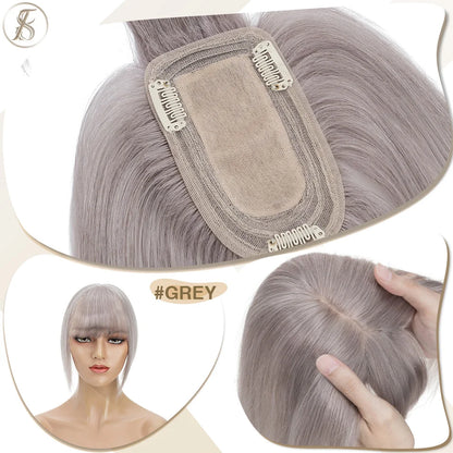 TESS Women Human Hair Topper With Bangs - 7x12.5cm Silk Base Clip In Hair Extension Natural Wigpiece