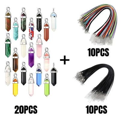 40/30PCS Hexagonal Chakra Crystal Pendant Set – Synthetic Quartz Points with Leather Necklace Chain & Storage Bag