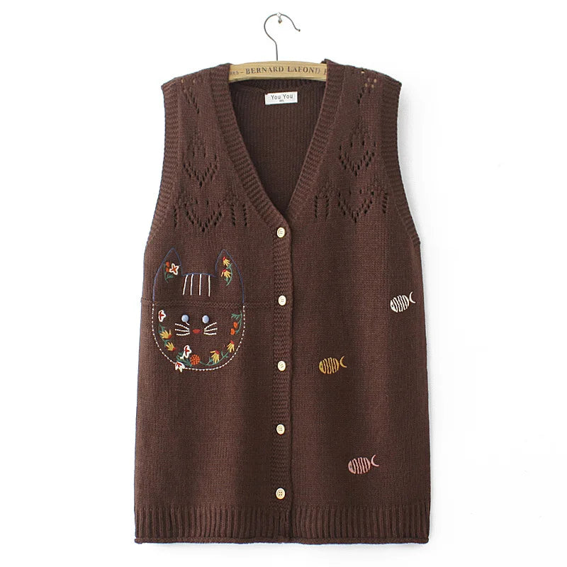 Plus Size Women's Embroidered Hollow Knit Sweater Vest – V-Neck Cardigan, Casual Autumn Fashion, E2 3023