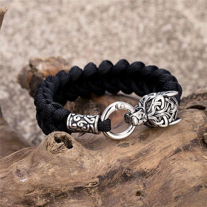 Vintage Norse Runes Celtic Wolf Survival Rope Bracelet - Handmade Stainless Steel Wristband for Men, Vikings Jewelry
