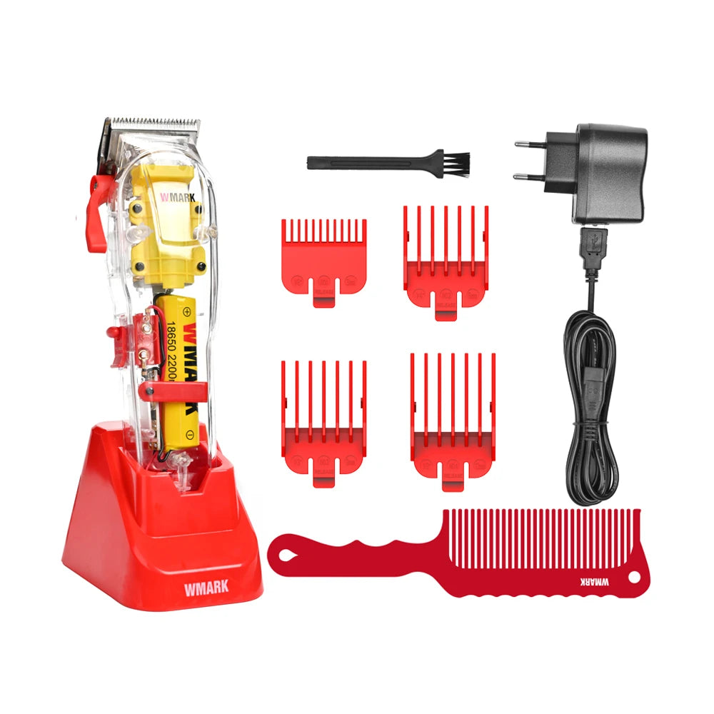 WMARK NG-108PRO Rechargeable Hair Clippers – 7300RPM Transparent Cover Trimmer with Red Base
