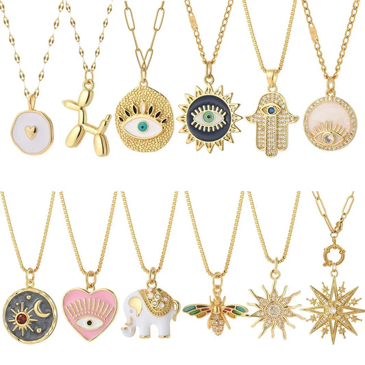 Heart Evil Blue Eye Sun Necklace – Cute Dog, Bee & Elephant Gold Pendant with Long Stainless Steel Chain for Women
